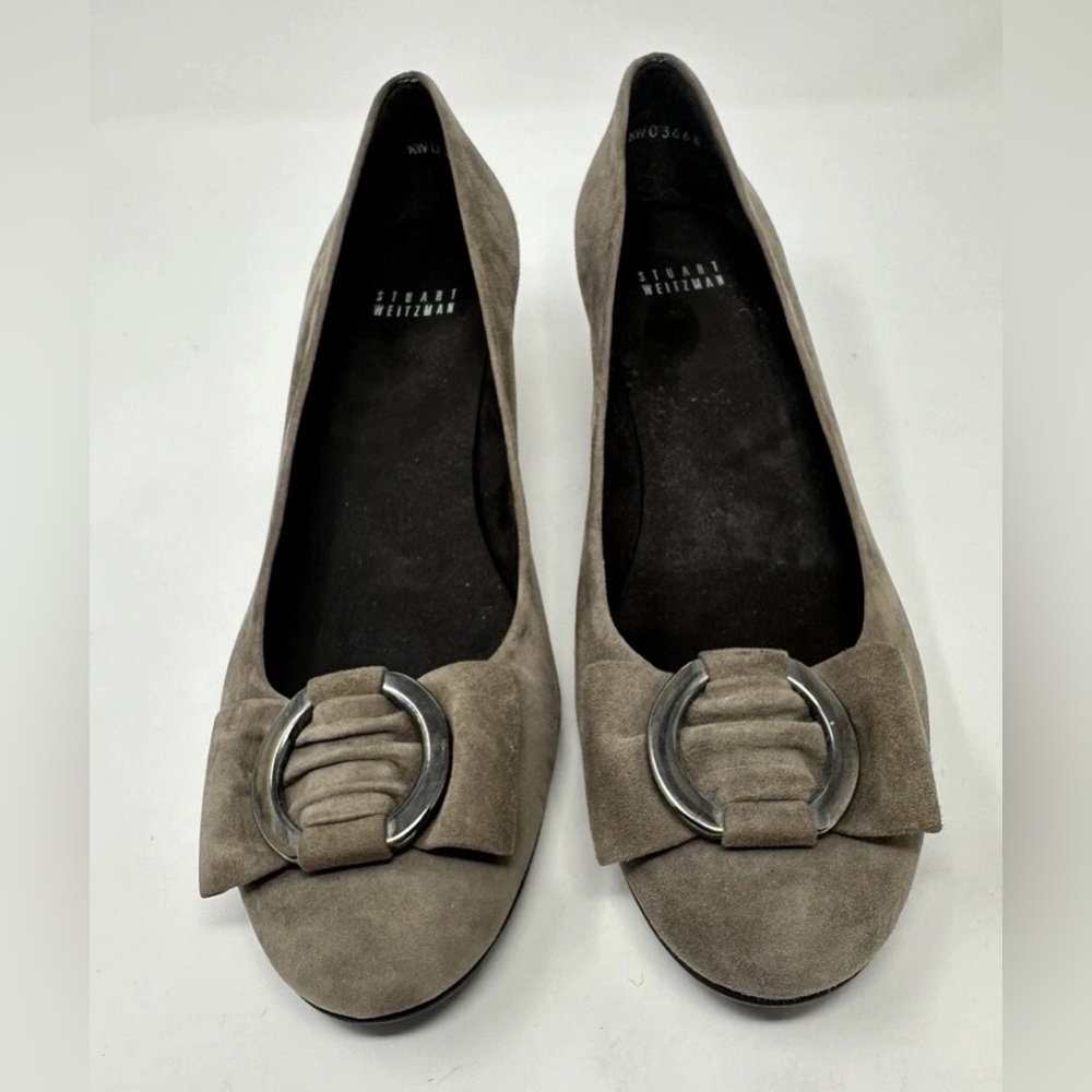 Stuart Weitzman Brown Taupe Suede Slip On‎ Wedge Heels Buckle Womens 10 - Picture 2 of 13
